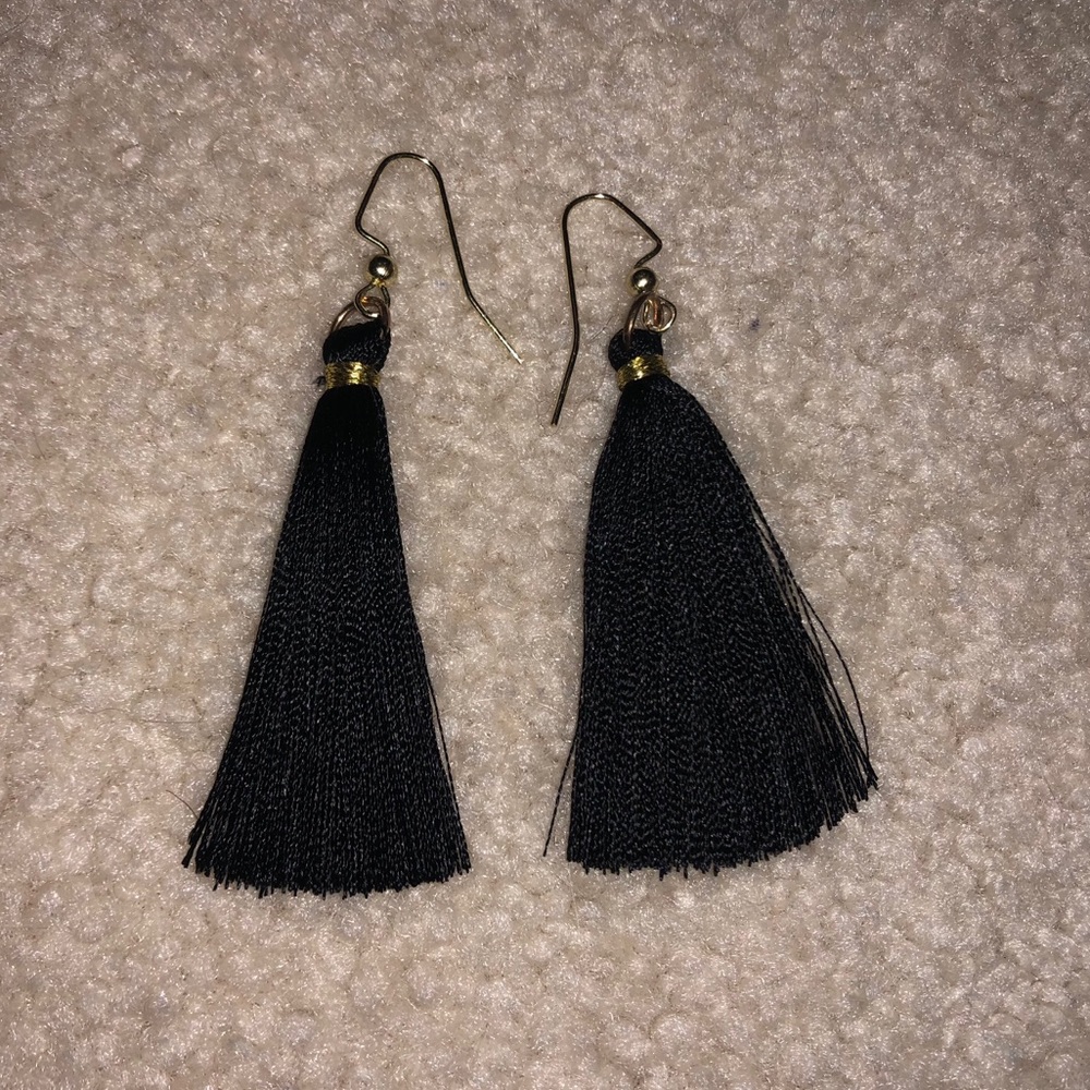 Black Silk Thread Tassel Earrings